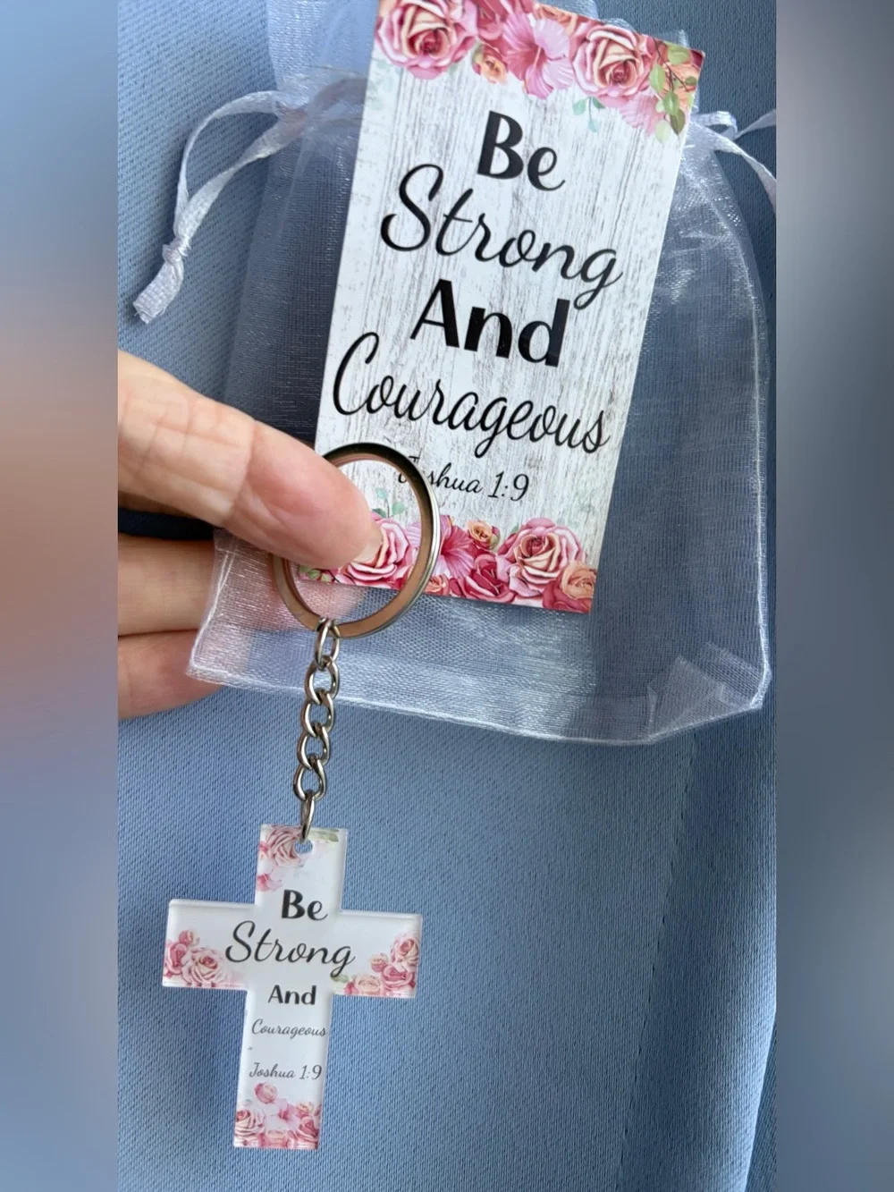 Be Strong And Courageous Floral Cross Keychain - White and Pink